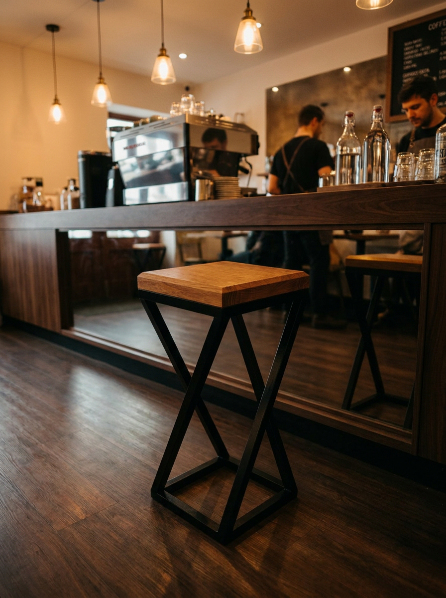Taburetas su sukamo dizaino juodo metalo kojomis ir medine sėdyne